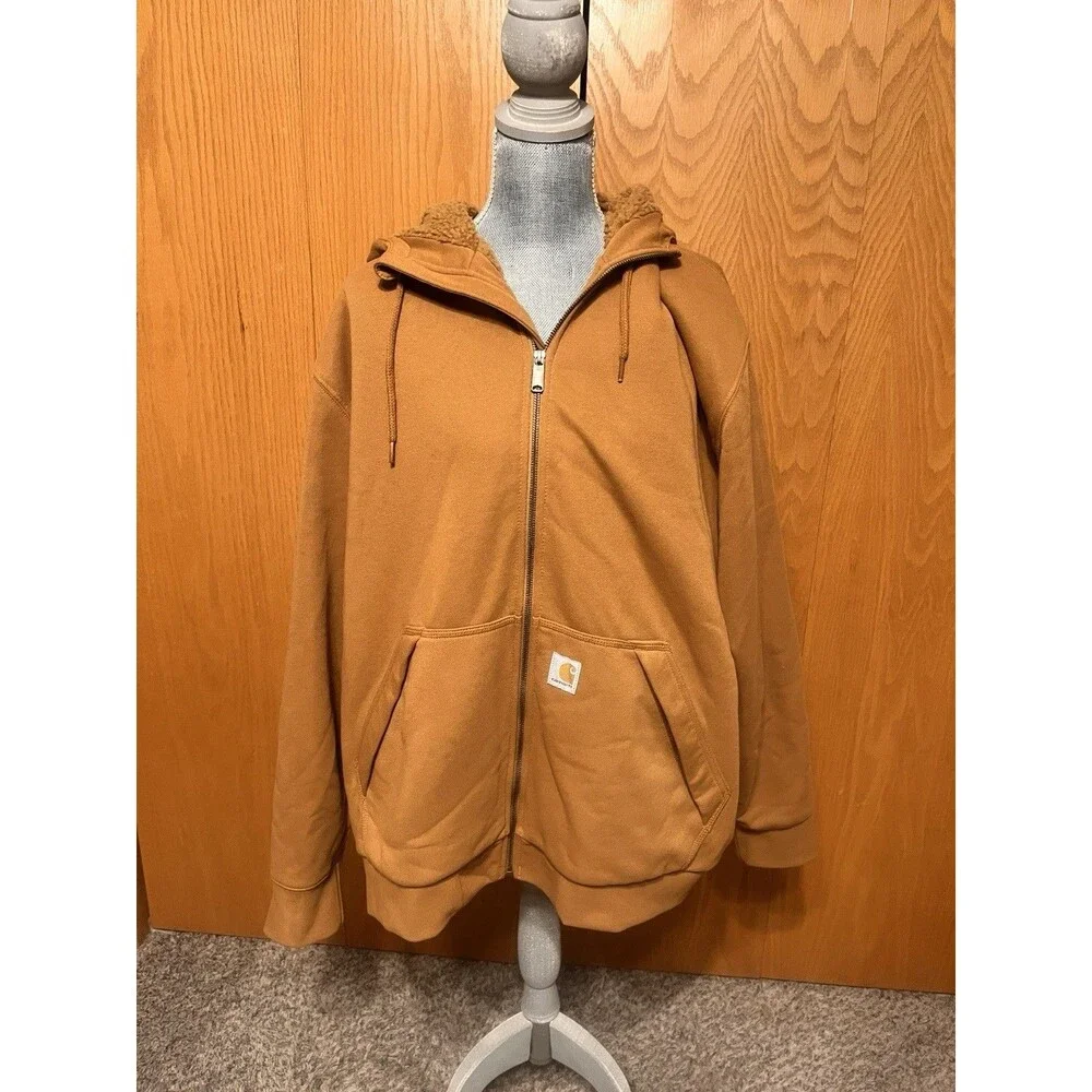Carhartt Rain Defender Sherpa Lined Jacket Hoodie Mens 2XL Tan NWOT TS3308-M